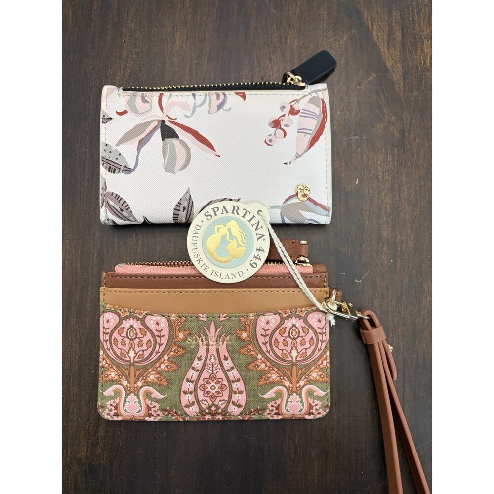 (2) Spartina 449 Multi Phone Wallet Wristlet Paisley Cream Leather Trim NWT NWOT